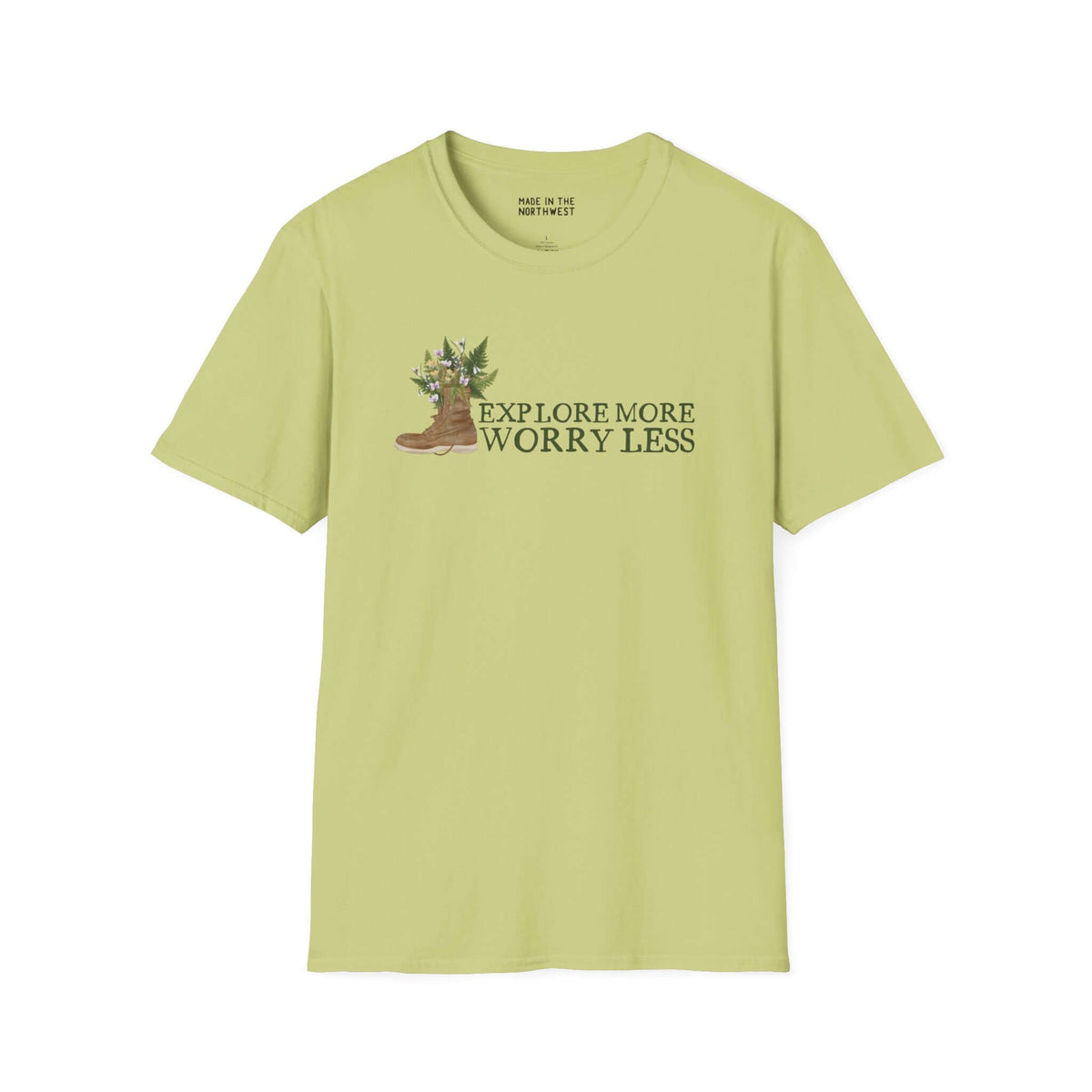 Explore More Worry Less Unisex Softstyle T-Shirt with watercolor hiking boot and foliage design.