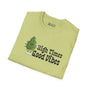 High Times Good Vibes softstyle t-shirt in light green with vibrant graphic design.