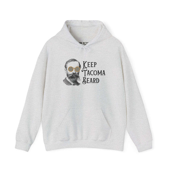 Grey hoodie featuring vintage bearded design with sunglasses and text 'Keep Tacoma Beard'.