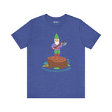 Blue tee with cartoon gnome on a stump holding an axe, text 