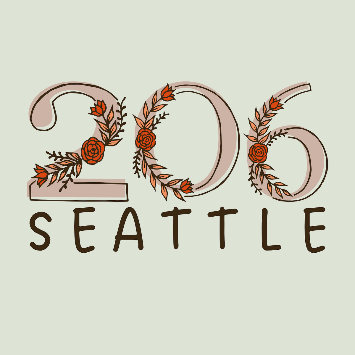 206 floral area code graphic design with flowers, representing Seattle pride and nature-inspired elegance.