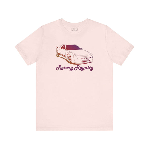 Rotary Royalty JDM car enthusiast soft tee featuring a vintage Mazda RX-7 illustration and stylish lettering.