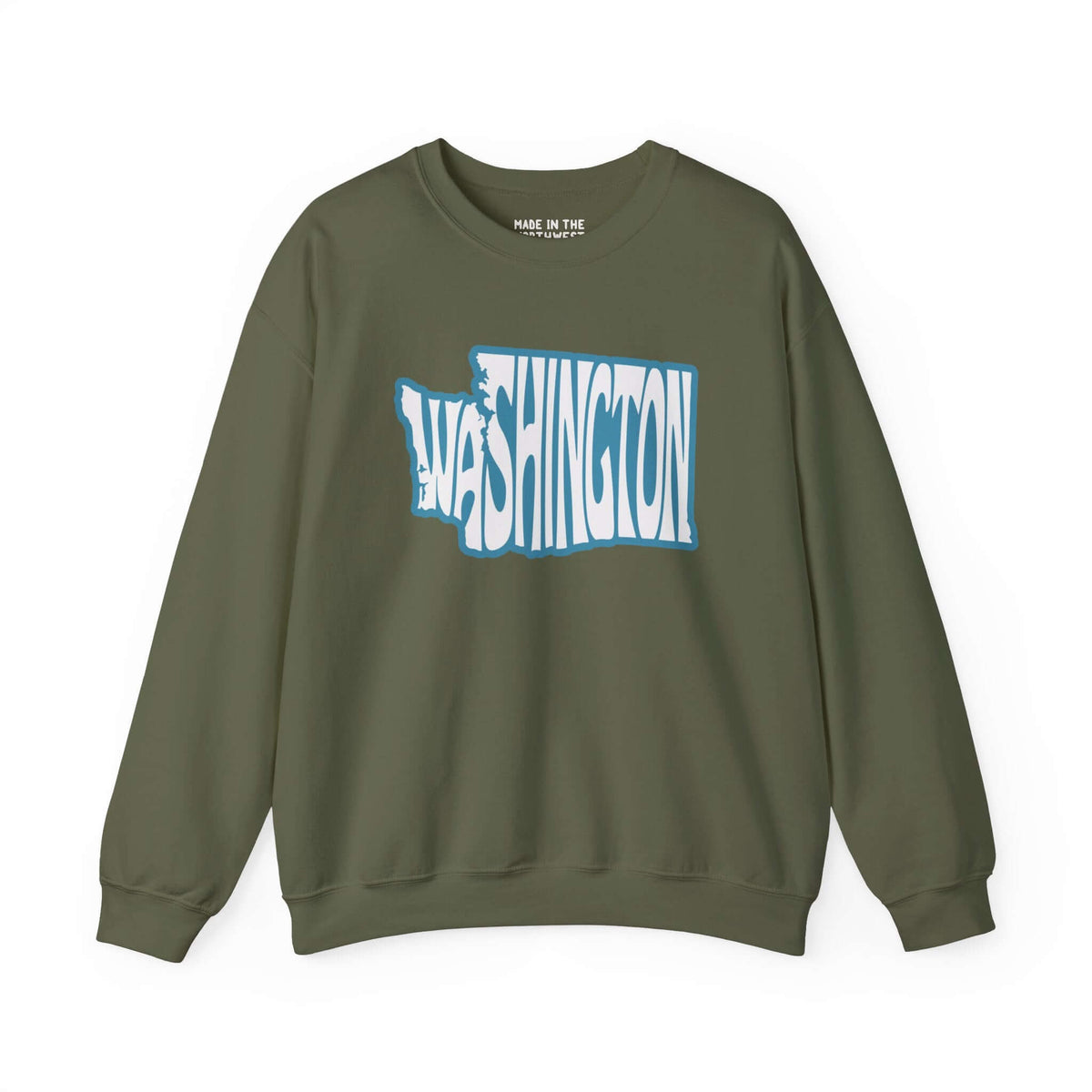 Washington state typography sweatshirt in green, featuring the word "Washington" shaped like the state for Pacific Northwest pride.