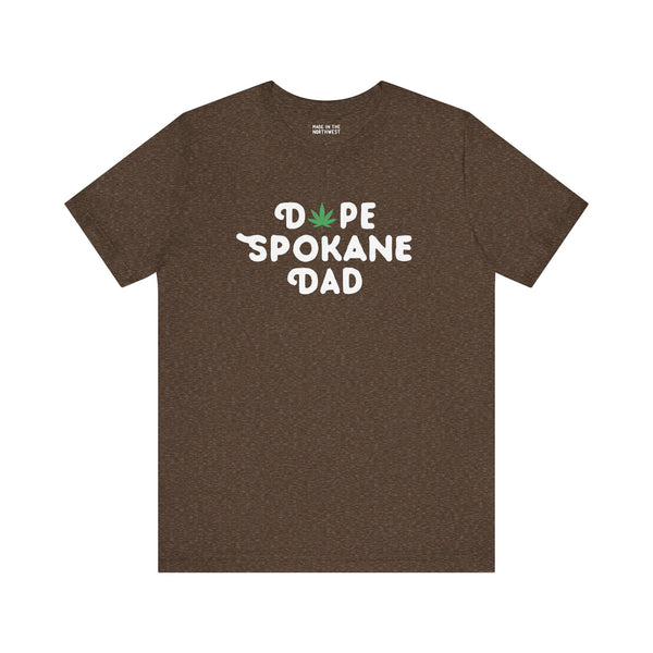 Dope Spokane Dad premium soft tee featuring playful marijuana leaf in place of 'O' in 'Dope', perfect for cool dads.