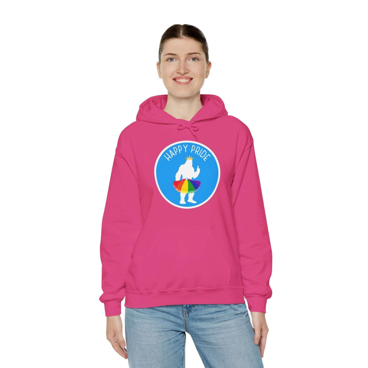 Woman wearing Bigfoot's Pride Parade hoodie with rainbow tutu and crown design, ideal for Pride events and celebrations.