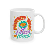 Protect Your Peace of Mind Mug with colorful flower design and joyful text, perfect for coffee or tea.