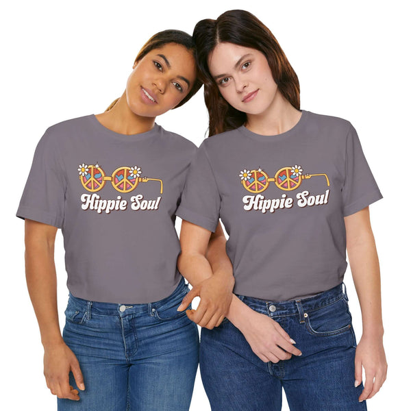 Two women wearing Hippie Soul Retro Peace soft tees, showcasing 70s-style flower glasses and peace symbols.
