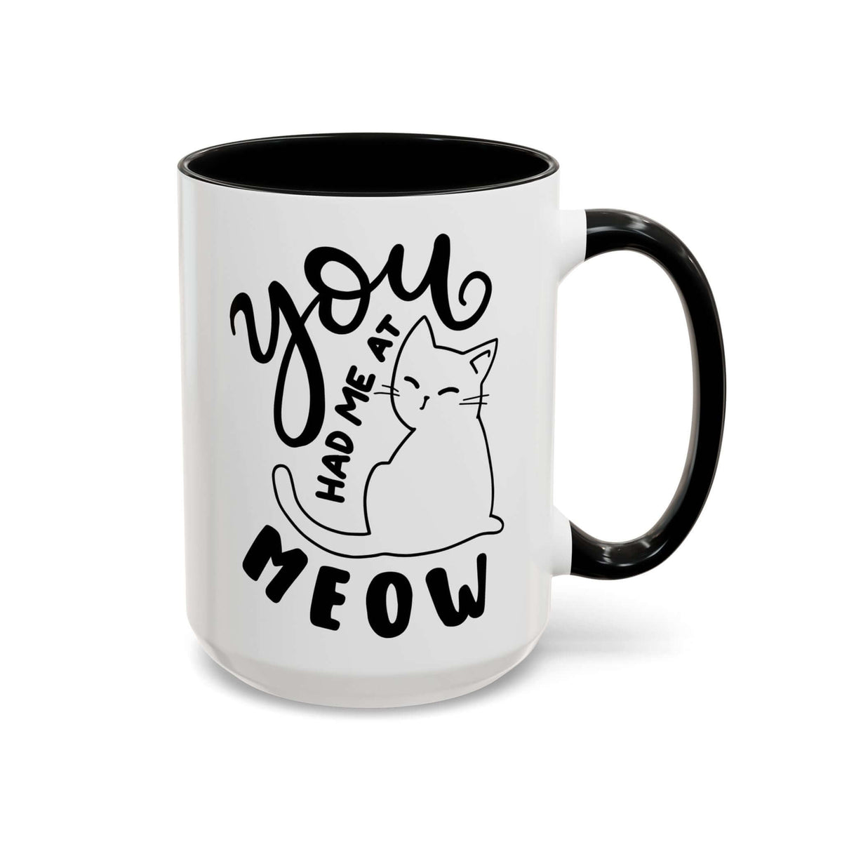 You Had Me at Meow Mug featuring a cute cat illustration and playful hand-lettered text.