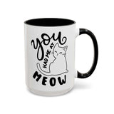 You Had Me at Meow Mug featuring a cute cat illustration and playful hand-lettered text.