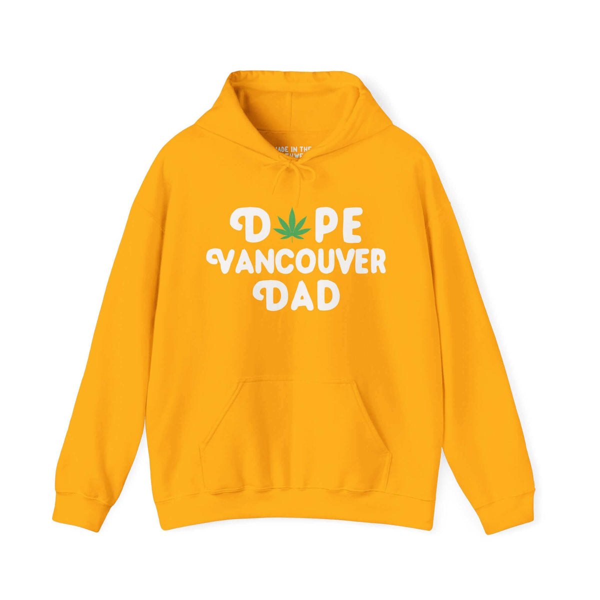 Yellow "Dope Vancouver Dad" hoodie with marijuana leaf design for stylish dads in Washington.