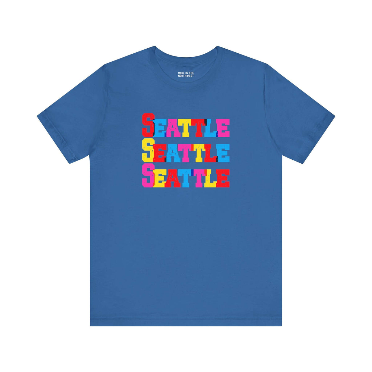 Bold and bright Seattle graphic tee showcasing colorful block letters on a blue background.