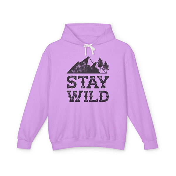 Stay Wild hoodie in light purple featuring mountain and tree graphic for outdoor enthusiasts.