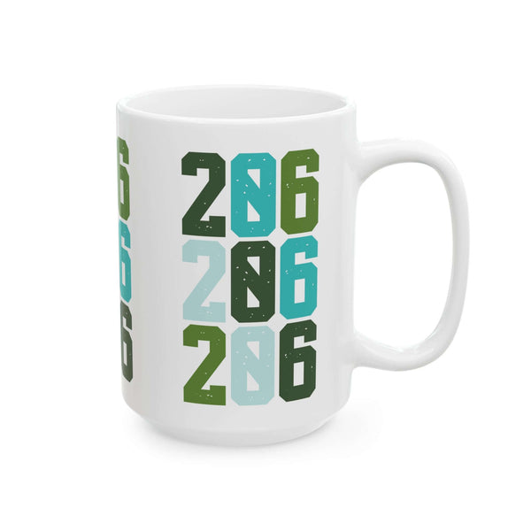 Two-Oh-Six Pop Seattle ceramic mug featuring vibrant 206 design in stacked numbers, perfect for coffee lovers.
