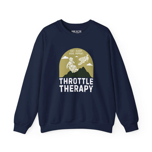 Navy Throttle Therapy sweatshirt featuring motocross riders jumping with mountain backdrop, perfect for adventure lovers.