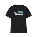Exploregon Adventure Van Softstyle T-Shirt featuring a retro van and bold lettering on black fabric.