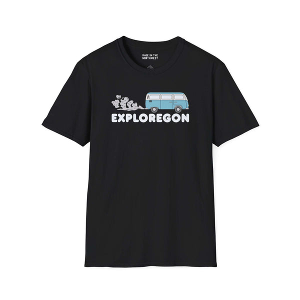 Exploregon Adventure Van Softstyle T-Shirt featuring a retro van and bold lettering on black fabric.