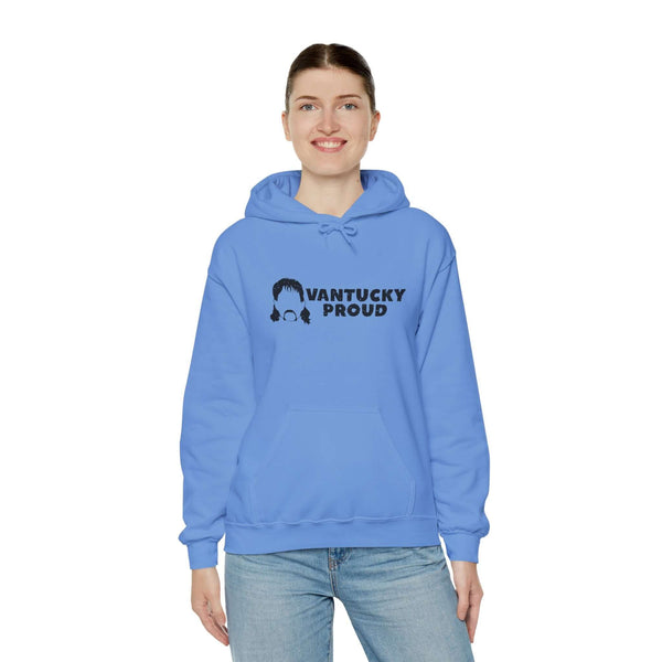 Woman wearing a blue Vantucky Proud hoodie featuring Rusty McCoy design, showcasing resilience and pride.