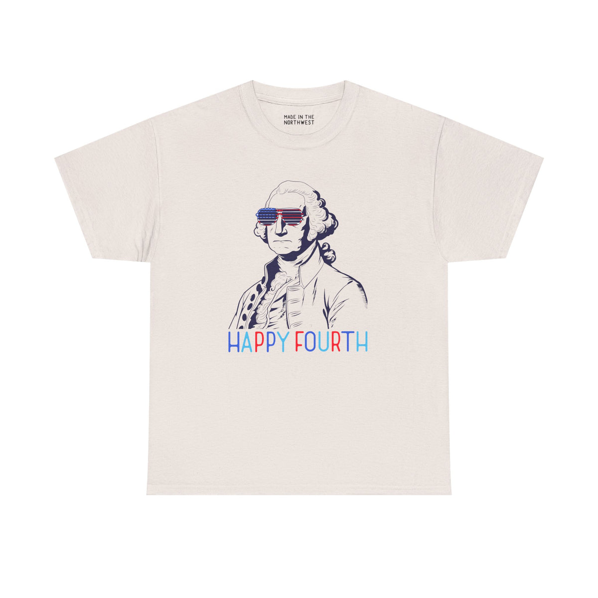Stars, Stripes, & George Washington Fourth of July tee with USA sunglasses and 'Happy Fourth' text.
