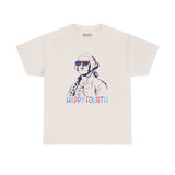 Stars, Stripes, & George Washington Fourth of July tee with USA sunglasses and 'Happy Fourth' text.