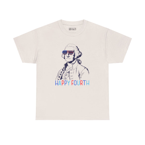Stars, Stripes, & George Washington Fourth of July tee with USA sunglasses and 'Happy Fourth' text.