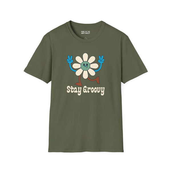 Stay Groovy retro flower softstyle t-shirt with fun 70s design and peace gesture, perfect for laid-back vibes.