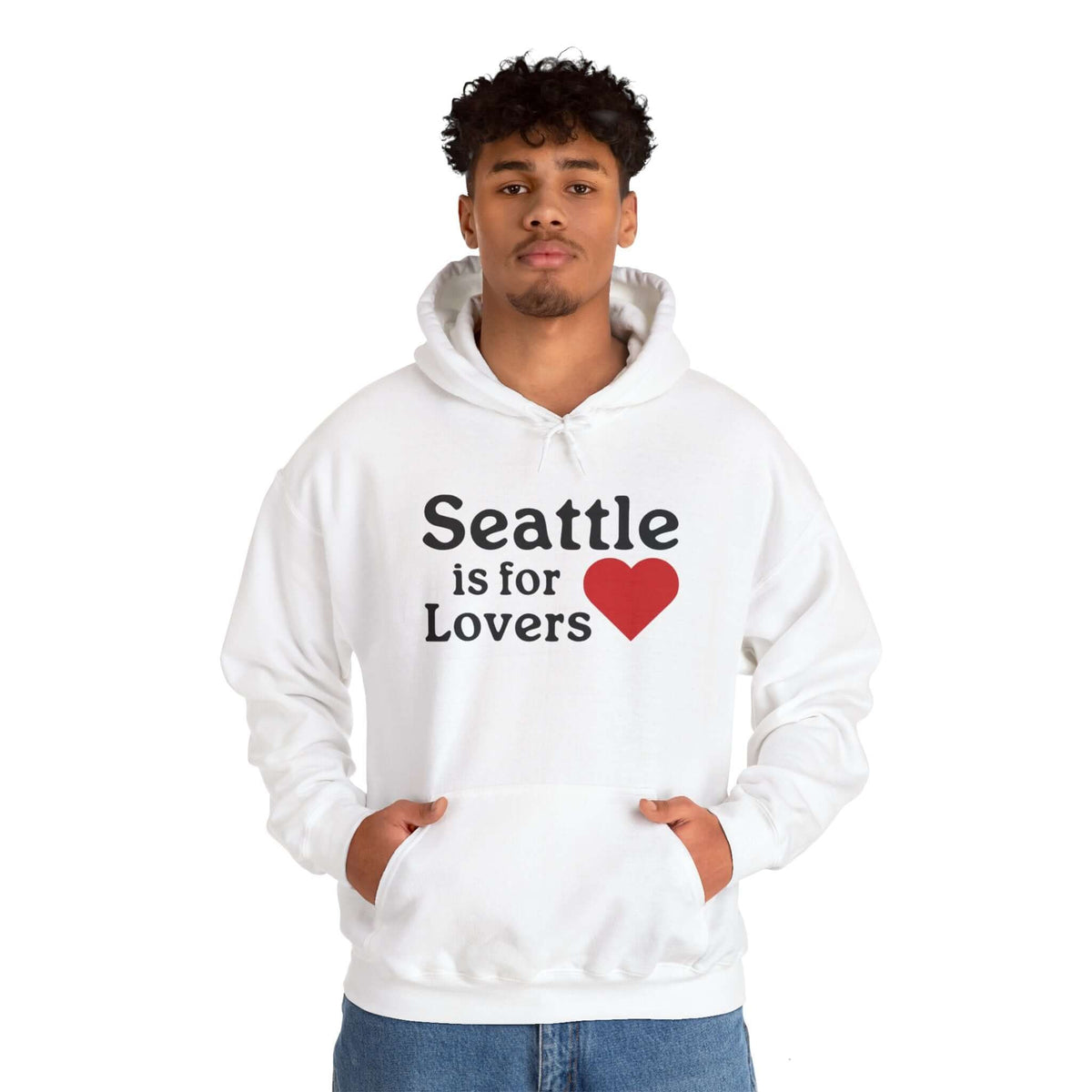 "Seattle is for Lovers hoodie worn by a person, featuring a heart graphic, celebrating love for the Emerald City."