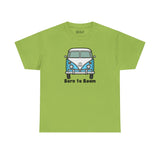 Born to Roam athletic tee featuring a vintage blue van and peace sign on a green shirt.