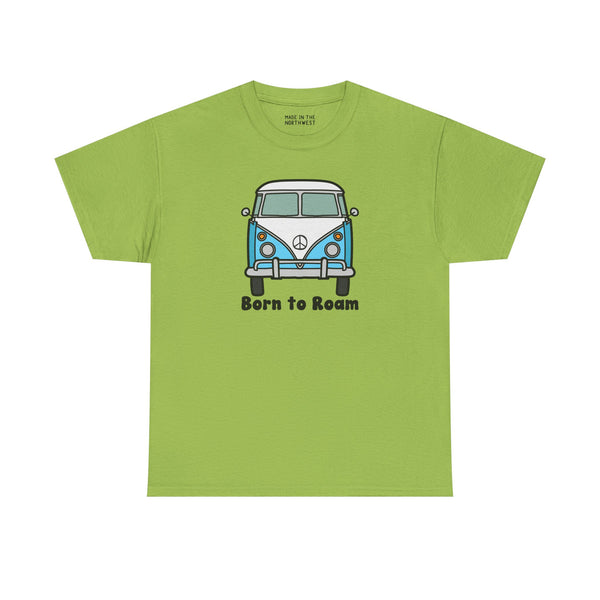 Born to Roam athletic tee featuring a vintage blue van and peace sign on a green shirt.