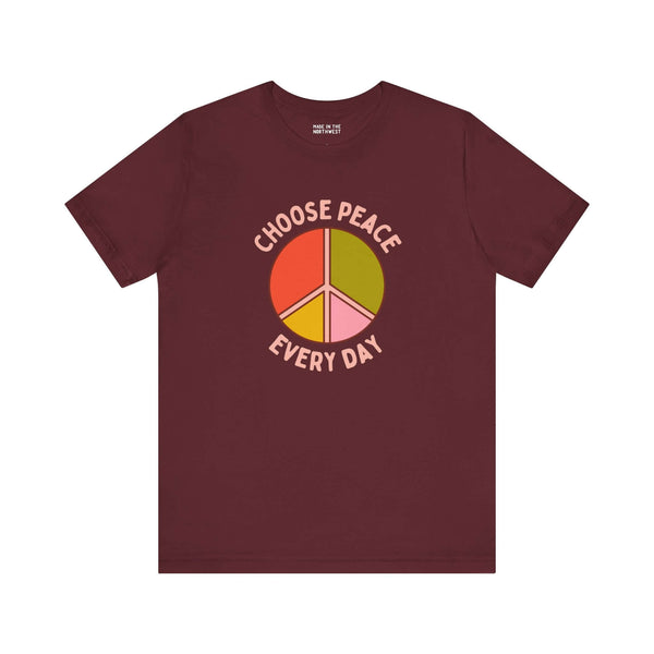 Choose Peace Every Day premium soft tee featuring a colorful peace symbol on a burgundy background.
