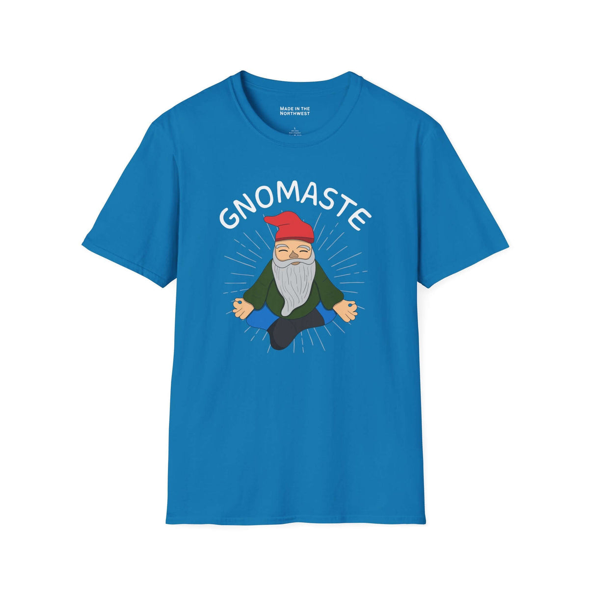 Gnomaste T Shirt featuring a meditating gnome illustration in a vibrant blue color, playful and relaxed design.