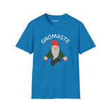 Gnomaste T Shirt featuring a meditating gnome illustration in a vibrant blue color, playful and relaxed design.