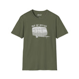 Out of Office Camper Softstyle T-Shirt featuring retro travel trailer design, perfect for adventurous road trips.