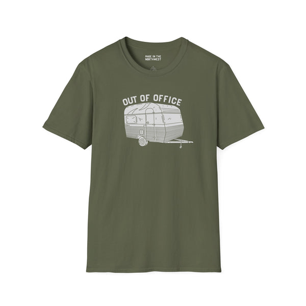 Out of Office Camper Softstyle T-Shirt featuring retro travel trailer design, perfect for adventurous road trips.