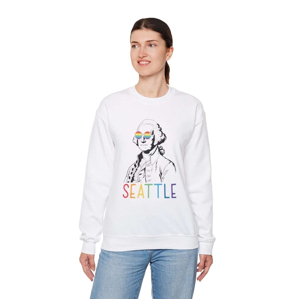 Person wearing a "George's Rainbow Vision Seattle" sweatshirt with rainbow glasses on George Washington and colorful Seattle text