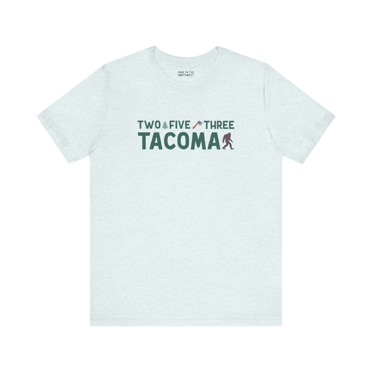 "Two Five Three Tacoma soft tee with axe and tree graphic celebrating Tacoma pride"