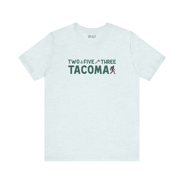 "Two Five Three Tacoma soft tee with axe and tree graphic celebrating Tacoma pride"