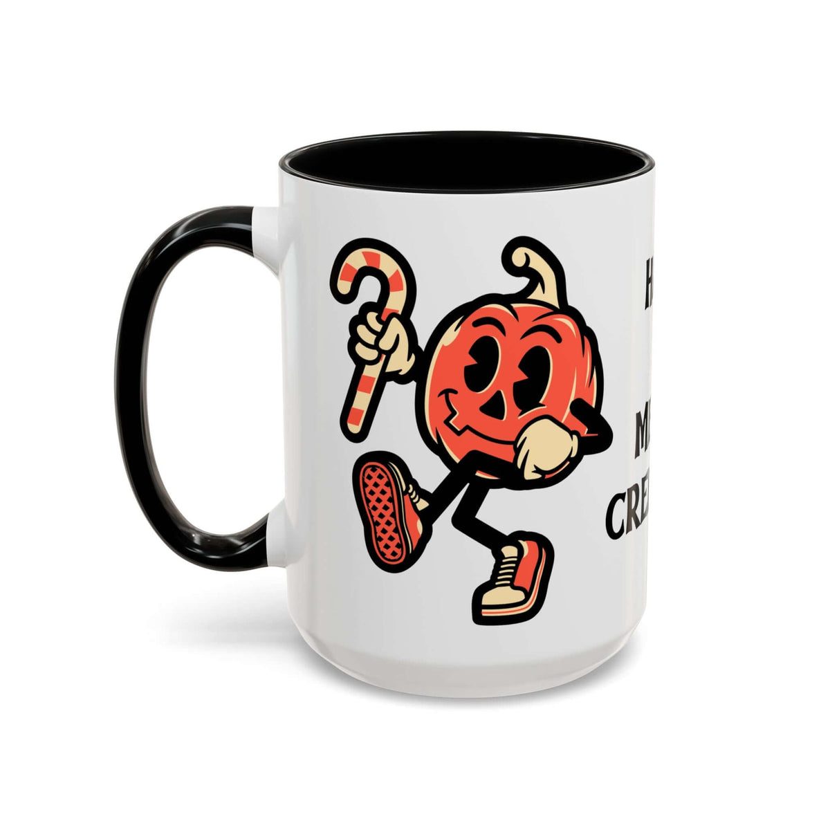 Merry Creepmas Mug featuring a playful pumpkin character holding a candy cane, perfect for festive coffee moments.