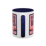 Happiness Comes in Waves Mug featuring coastal sunset design and navy handle, perfect for daily use.