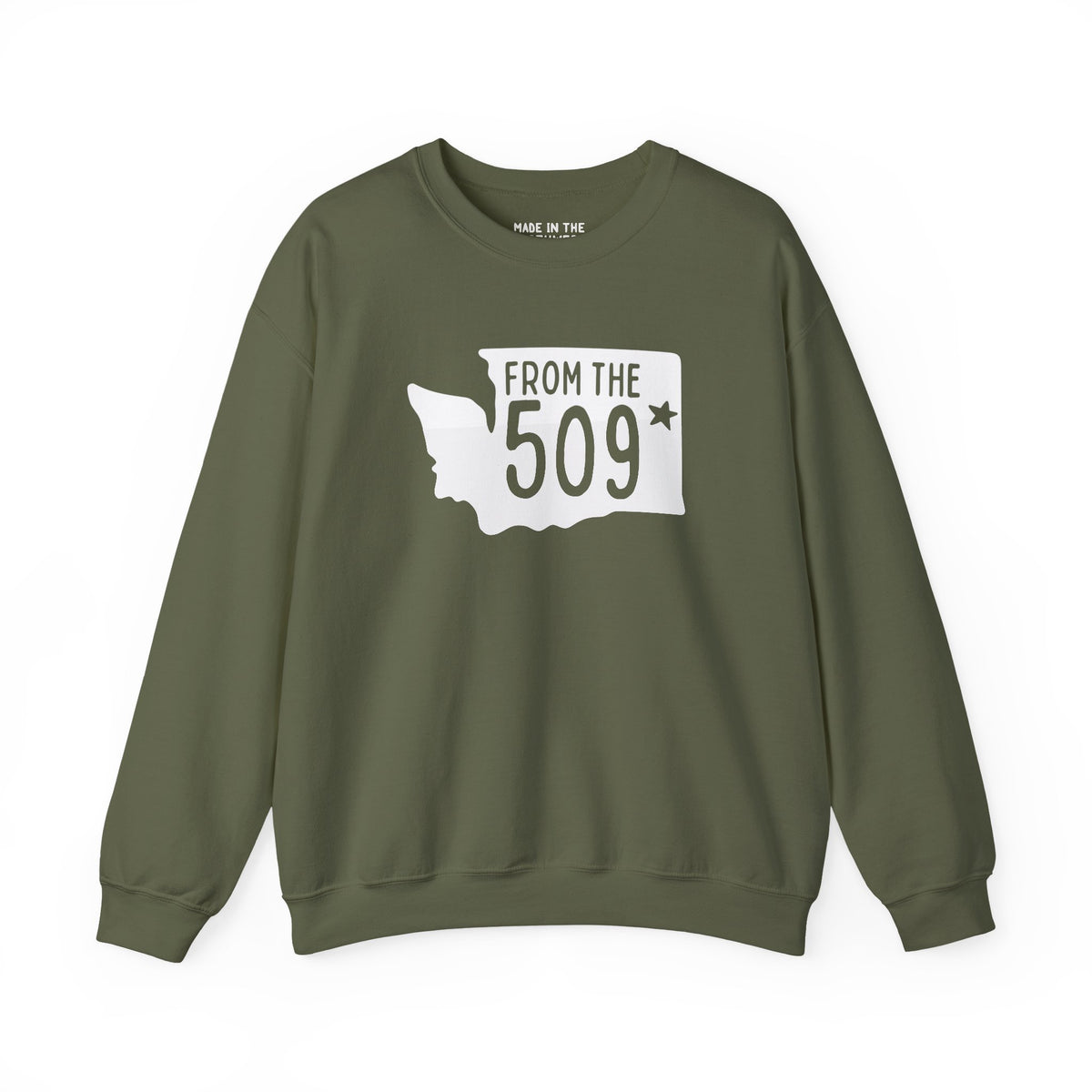 From the 509 Spokane sweatshirt featuring Washington state silhouette and bold text, perfect for local pride.