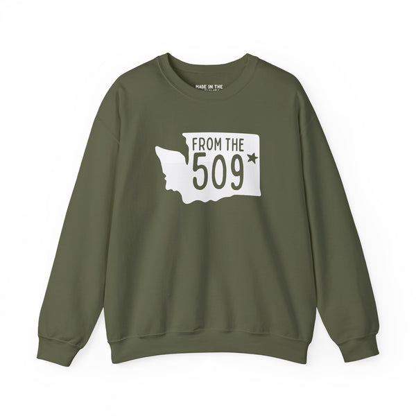 From the 509 Spokane sweatshirt featuring Washington state silhouette and bold text, perfect for local pride.