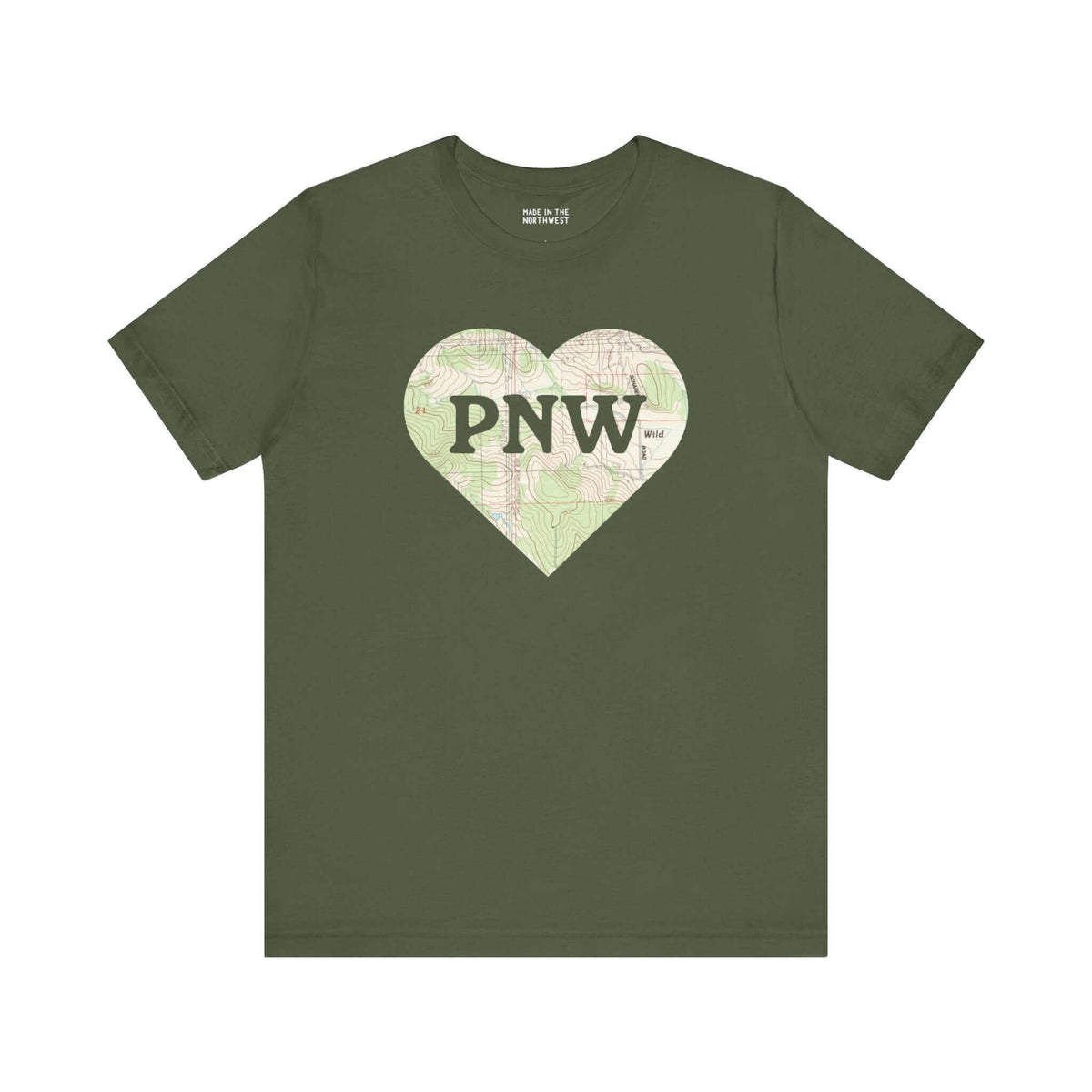 Green tee with heart-shaped topo map and "PNW" text, symbolizing Pacific Northwest love and adventure.