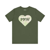 Green tee with heart-shaped topo map and 