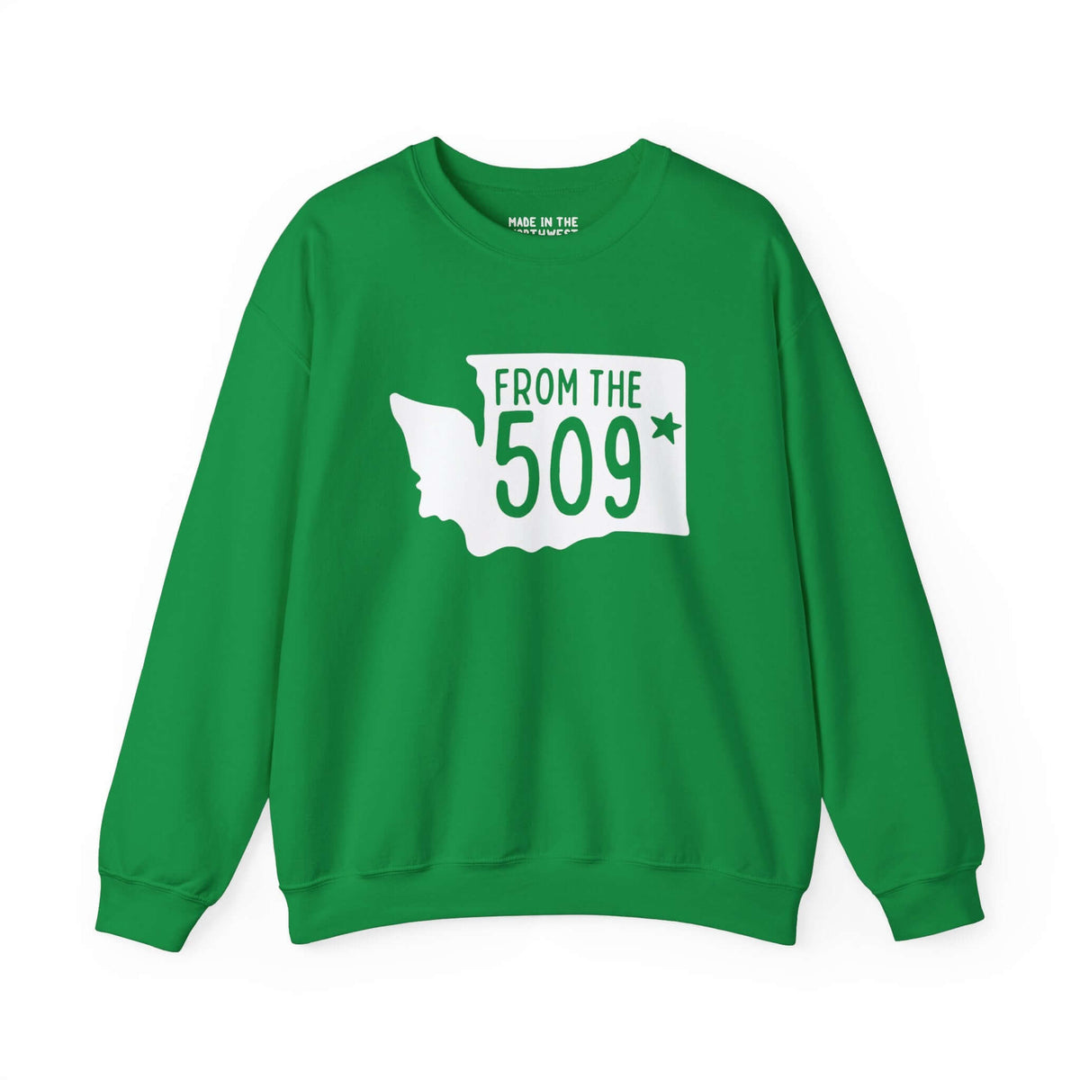 Green "From the 509" sweatshirt featuring Washington state silhouette with a star marking Spokane.