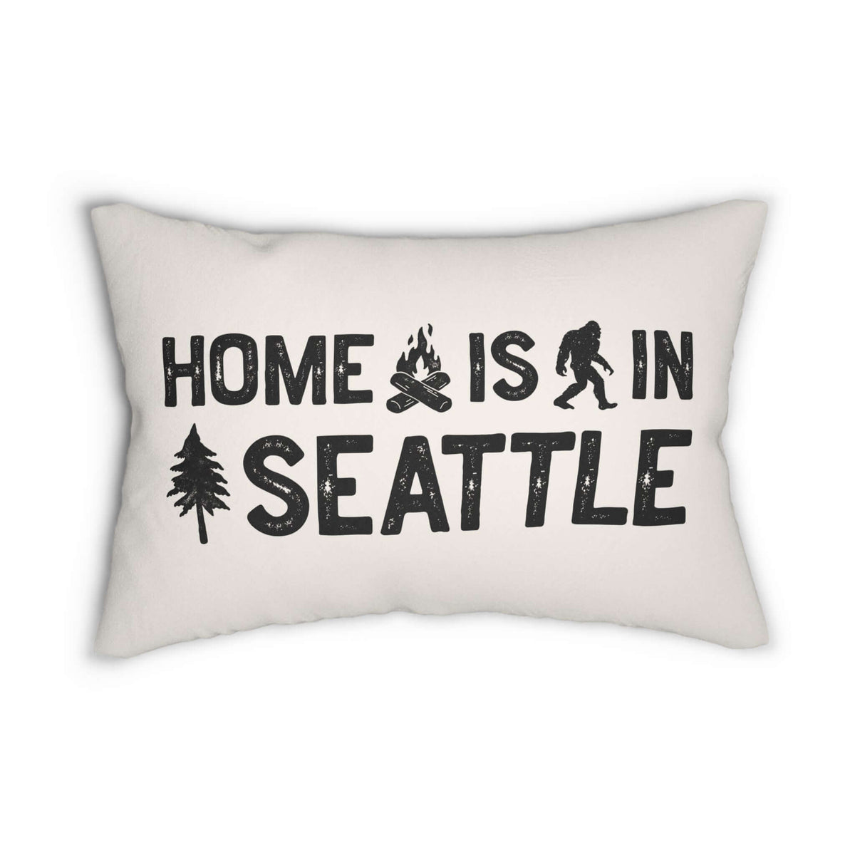 Home is in Seattle Lumbar Accent Pillow featuring bold lettering and campfire, sasquatch, and tree designs.