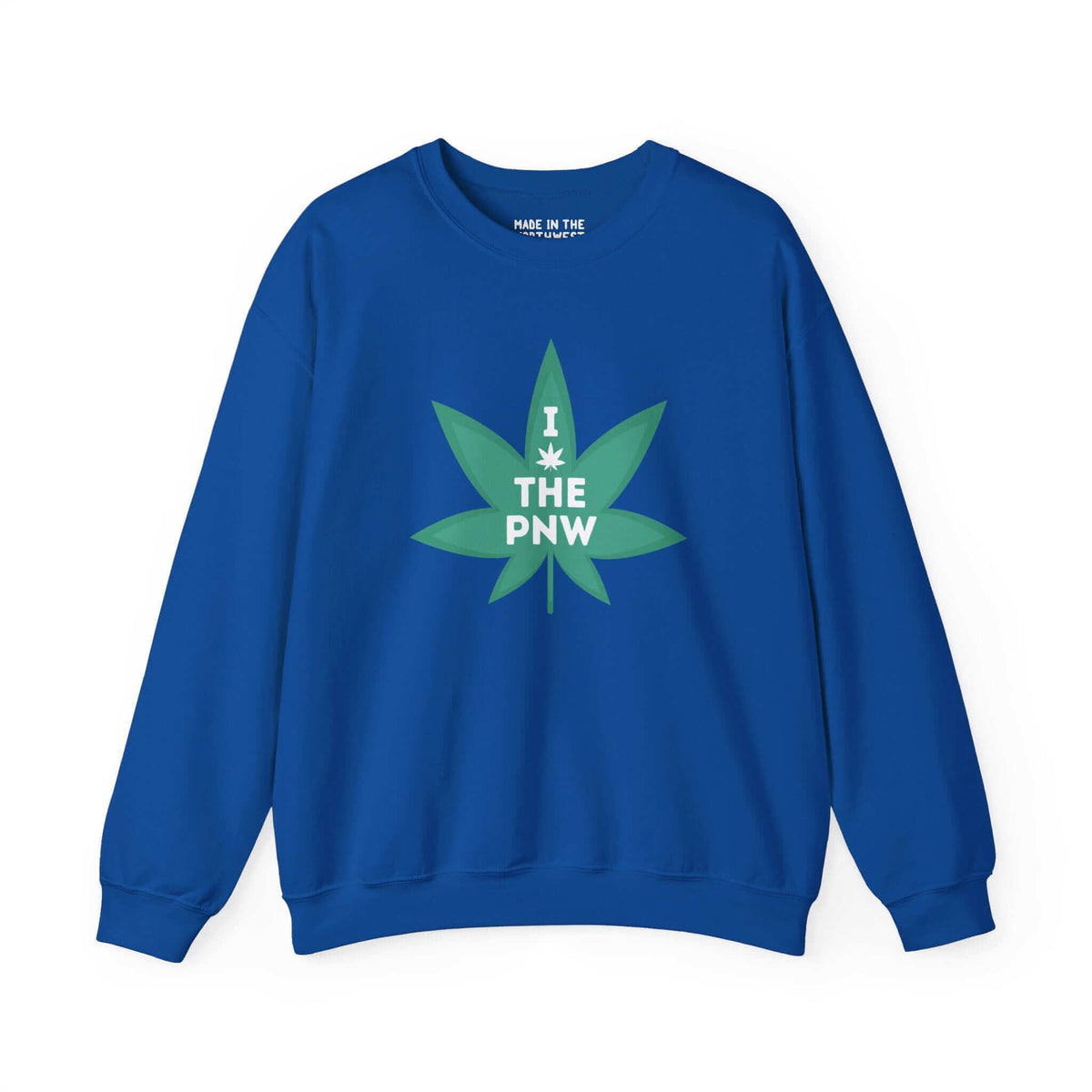 Blue sweatshirt with "I (Weed) the PNW" and marijuana leaf graphic, celebrating Pacific Northwest spirit and style.