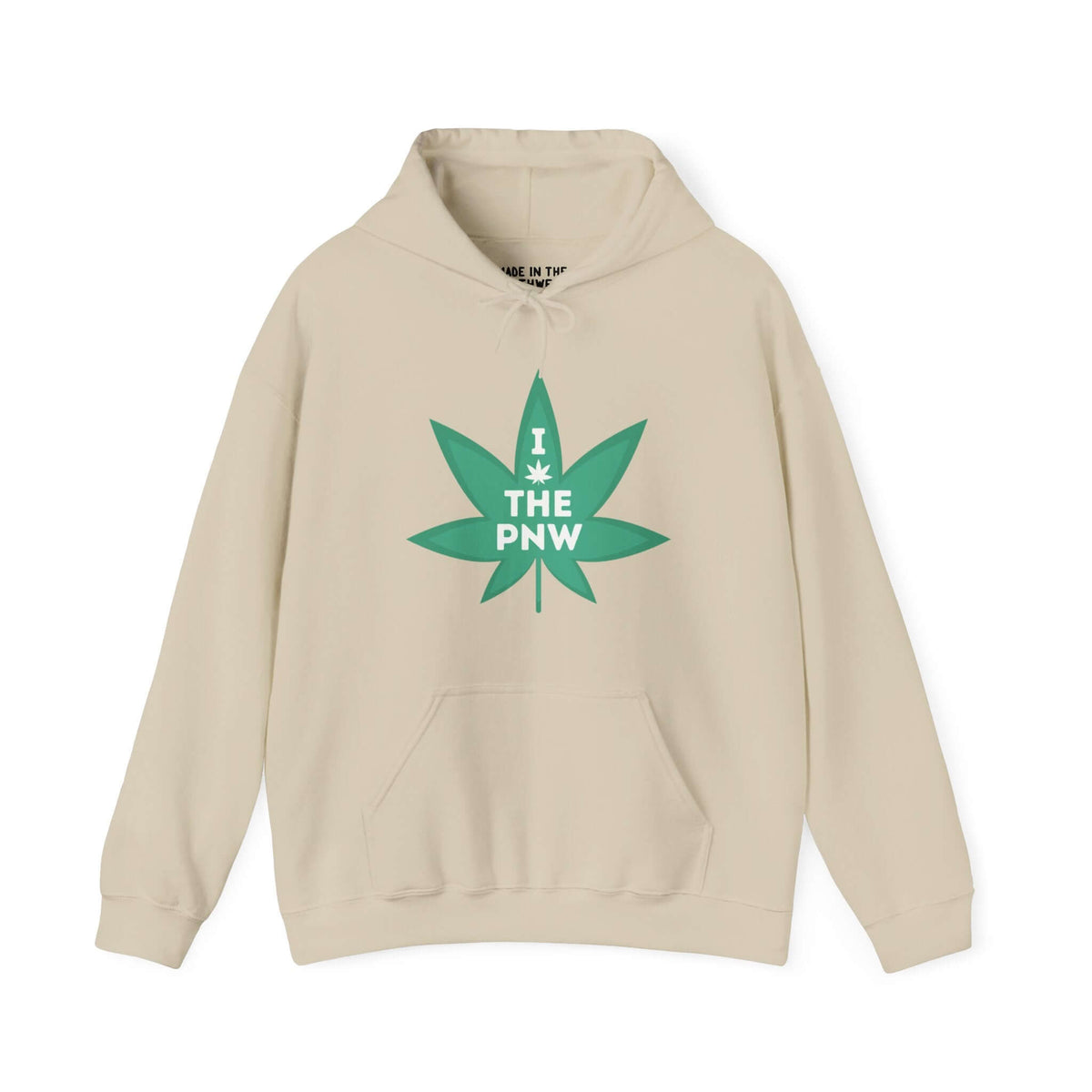 Chronic PNW Love Hoodie with marijuana leaf graphic on beige sweatshirt, celebrating Pacific Northwest spirit.