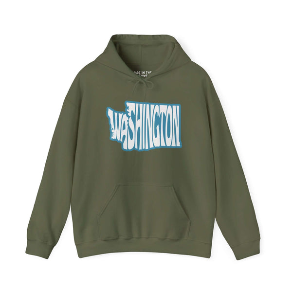 Olive green hoodie with Washington typography shaped like the state, showing pride for the Evergreen State, perfect for Pacific Northwest fans.