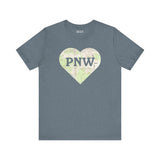 PNW Explorer's Heart Premium Soft Tee featuring a topo map heart design, perfect for Pacific Northwest lovers.