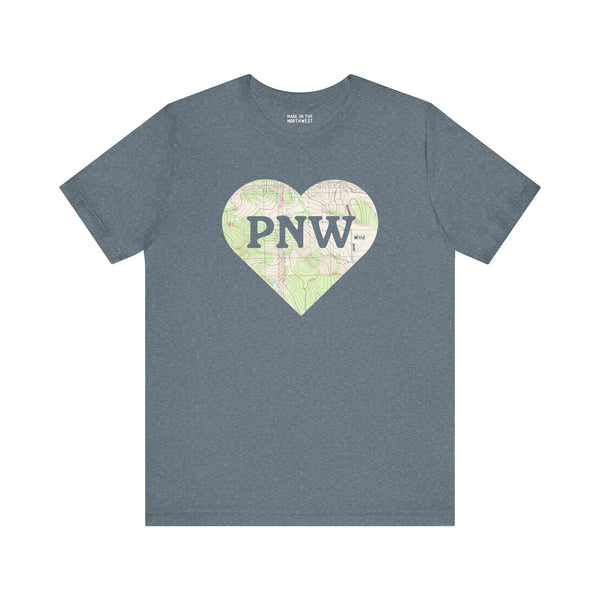 PNW Explorer's Heart Premium Soft Tee featuring a topo map heart design, perfect for Pacific Northwest lovers.