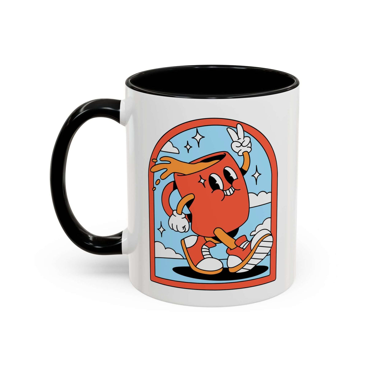 Retro Coffee Badge Mug featuring a cheerful cartoon character in a colorful design against a lively background.